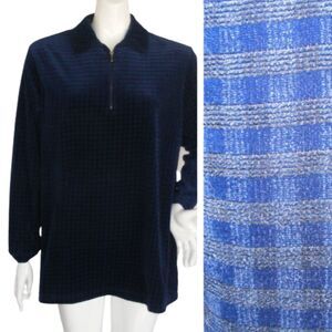 Vintage DIANE VON FURSTENBERG Top, L, Blue Gingham, Velour, Pullover  Zip Collar